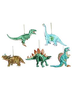 Gisela Graham - Metallic Dinosaur Set - Resin Tree Decoration x5